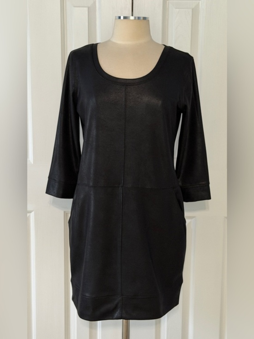 New York & Company Faux Leather Coated Knit Shift Dress Black Medium